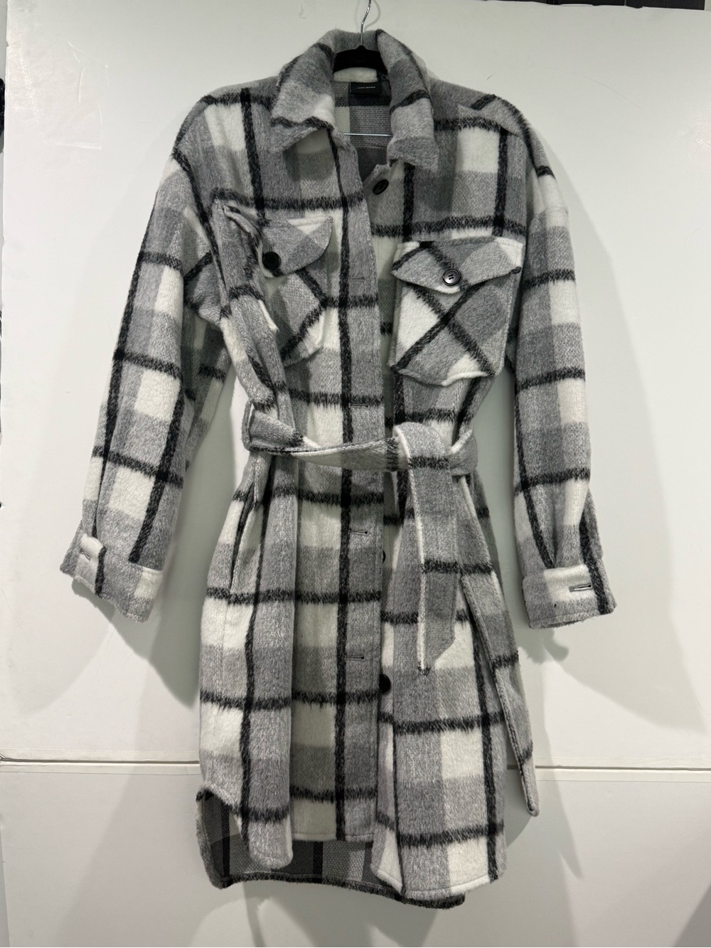 Gray & White Plaid Belted Shacket